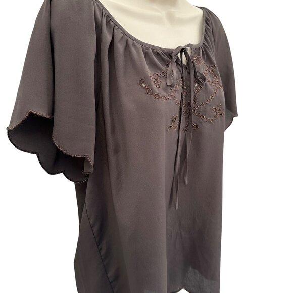 Mossimo Womens Brown Embroidered Scalloped Edges Short Sleeve Peasant Blouse XL - Picture 2 of 8